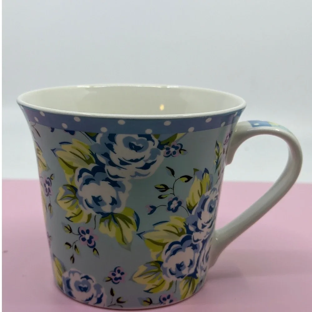Pier 1 Imports Blue Floral Fine China‎ Mug Polka Dot Rim Shabby Chic